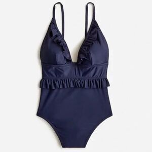 J. Crew Women’s size 8 Ruffle deep-V one-piece swimsuit Navy Blue NEW